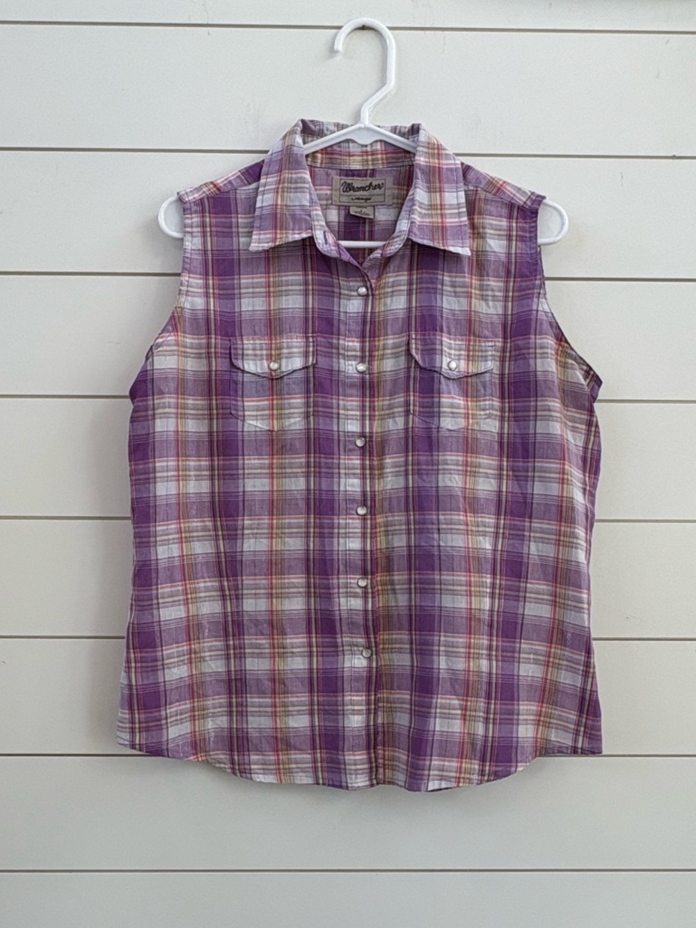 Wrangler Purple Plaid Sleeveless Button-Down Top